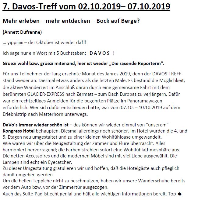 Erlebnisbericht von Annett Dufrenne und Team zum  7. Davos-Treff 2019